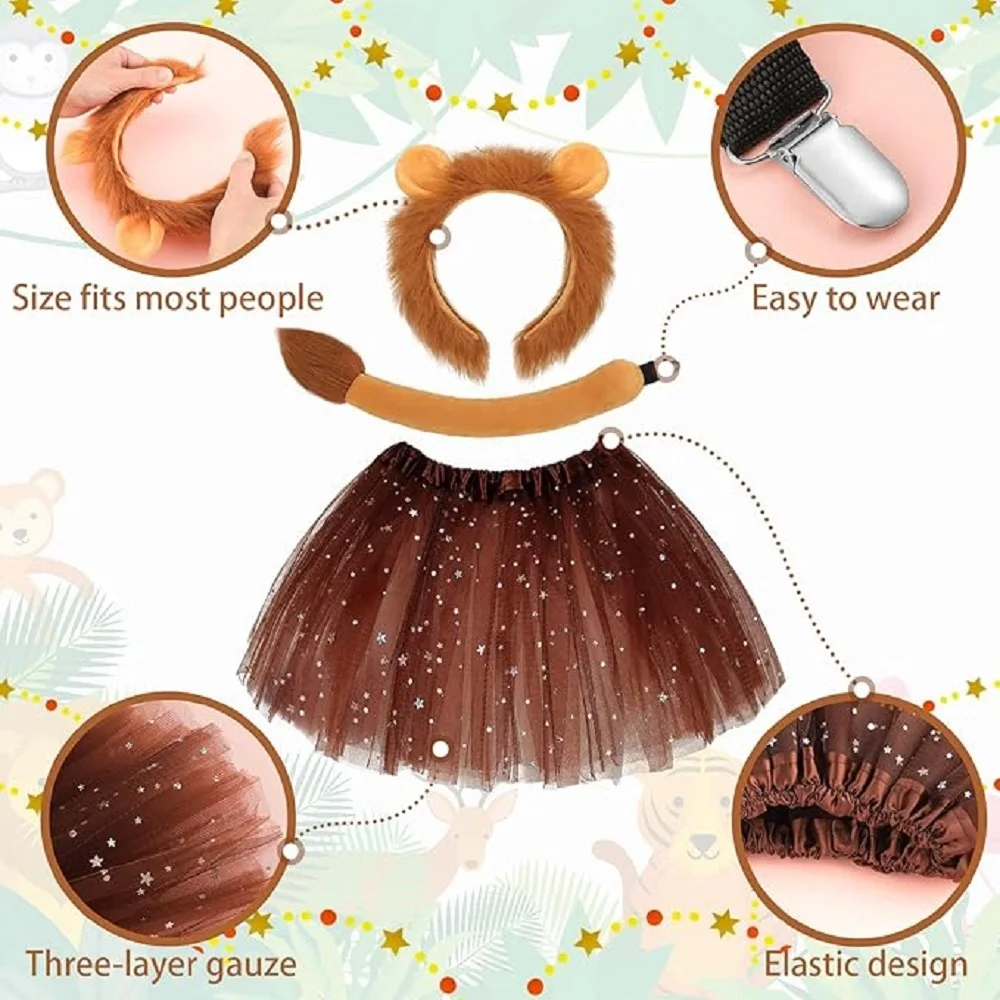 Lion Ears Headband and Tail Set Halloween Animal Cosplay Costume Accessories for Kids Adult Cosplay Costume