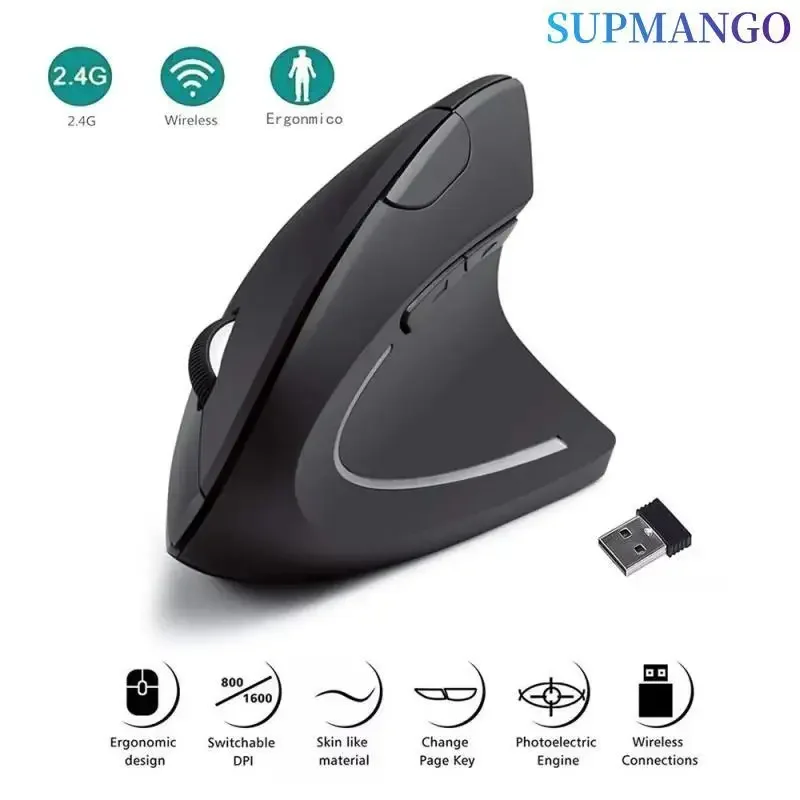 Wireless Mouse Vertical Ergonomic 2.4GHz Wireless Optical Mice 3 Adjustable DPI 800/1200/1600 6 Buttons for Laptop PC Computer Desktop