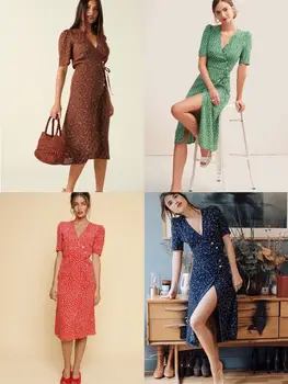 Abito classico per la pausa tè in stile francese Abito avvolto a maniche corte Abito sottile monopezzo con bottoni avvolto per donna 100% viscosa 1