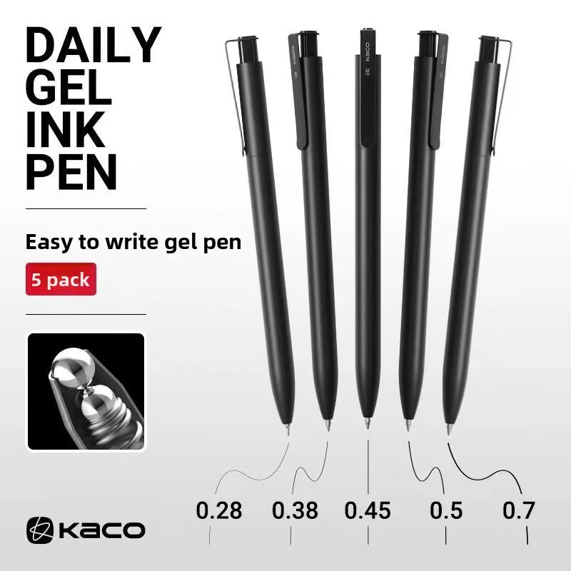 KACO DAILY Gel Pen, 5pcs/pack Metal Pen Clip Multisize Nibs 800m Writing Length Quick-Dry Smooth Writing Sch Office Stationery