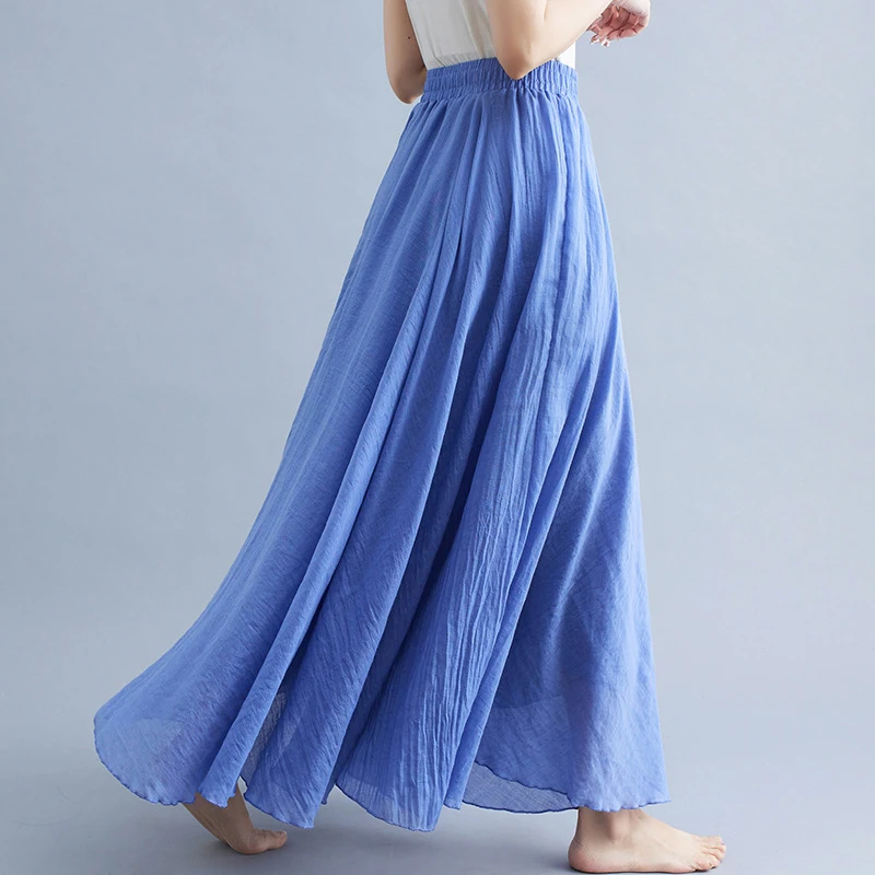 

new Women's Elegant High Waist Linen Maxi Skirt 2023 Summer Ladies Casual Elastic Waist 2 Layers Skirts saia feminina 20 Colors