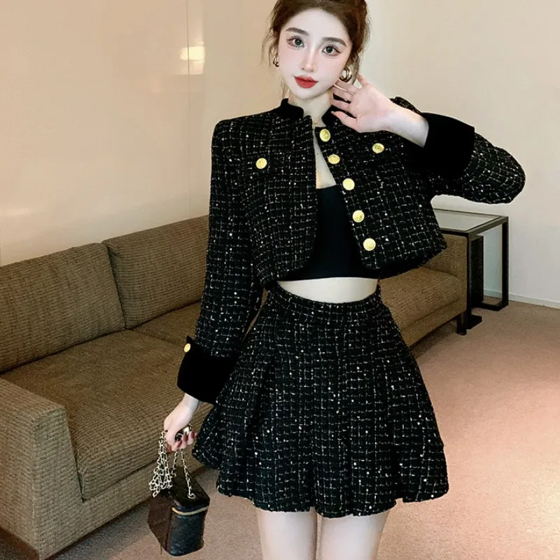 Korean Fashion Fall Winter Tassel Plaid Tweed Sets Korean Fashion