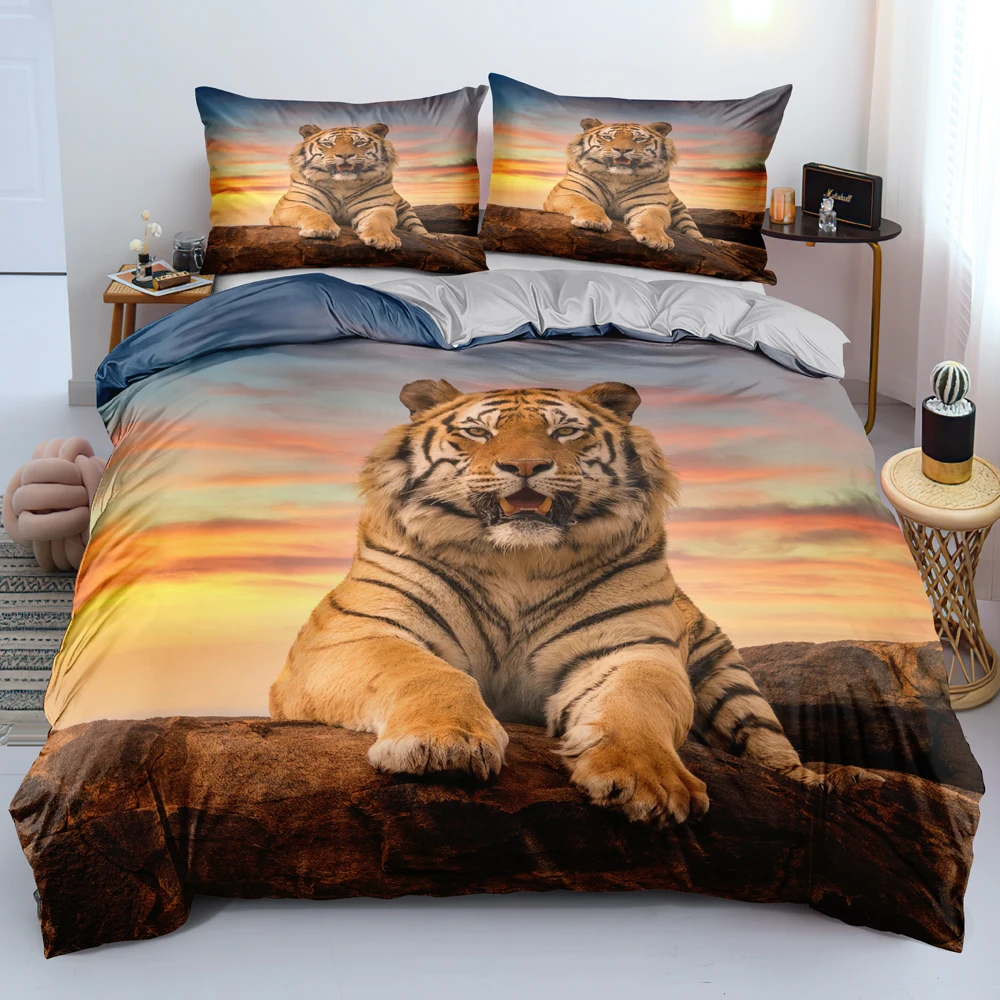 

3D Tiger Duvet Cover Soft Comforter Cover Animal Bedding Set Tiger Pattern Quilt Cover For Bedroom Decor 3Pcs King Queen Size