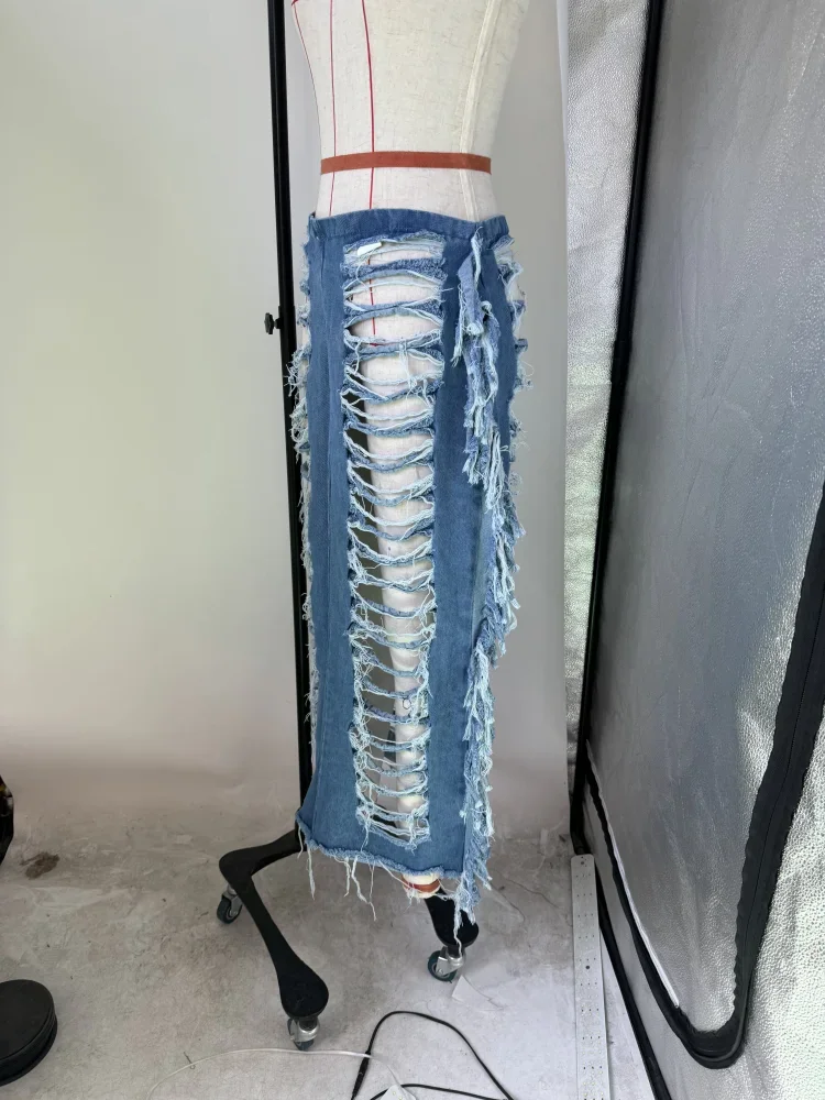 Women Fashion Ripped Out Hollow Out Tassel Pencil Maxi Long Denim Skirts Street High Waist Zipper Bodycon Jean Skirts