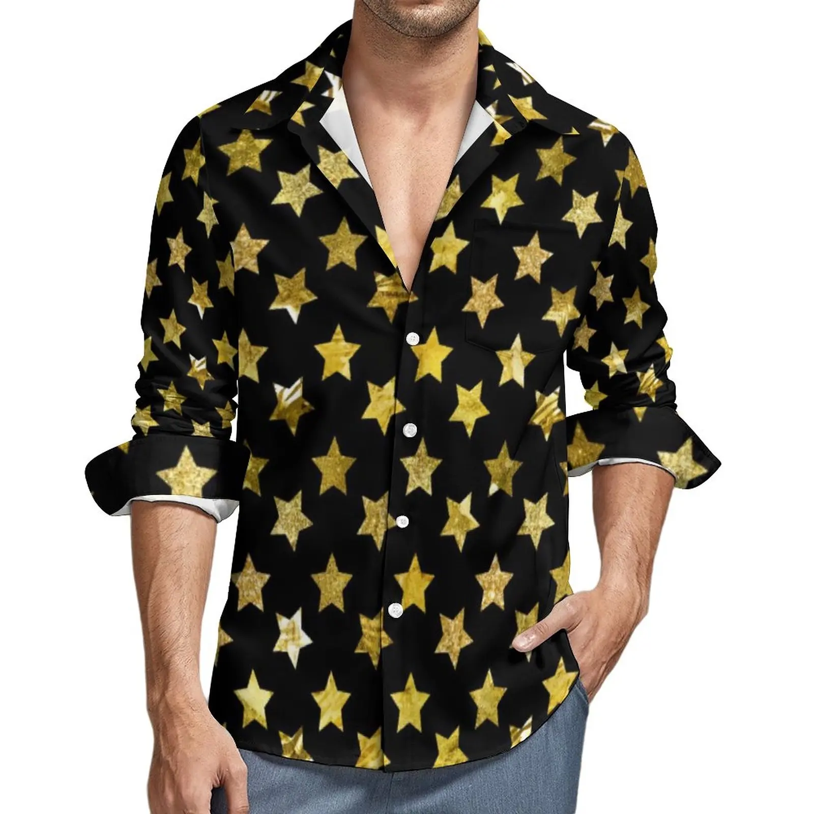 sahara　シャツ　ゴールド　パピヨン　ブローチ　ゆったり　XL Shiny Stars Print Casual Shirts Man Gold Star Shirt Long