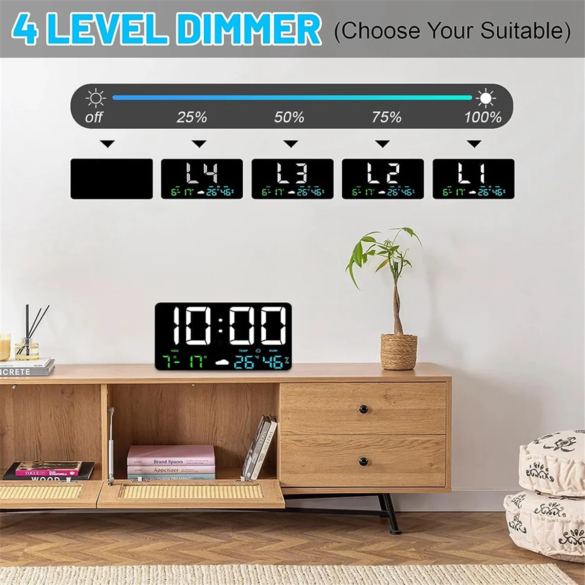 Digital Wall Clock Large Display, 25cm USB LED Digital Wall Clocks Alarm Clock for Bedrooms with Weather Station