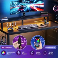 L Shaped Gaming Desk With Shelves Storage Drawers 52'', Black Computer Desks With LED Lights Power Outlets, Office Wood Ta 4