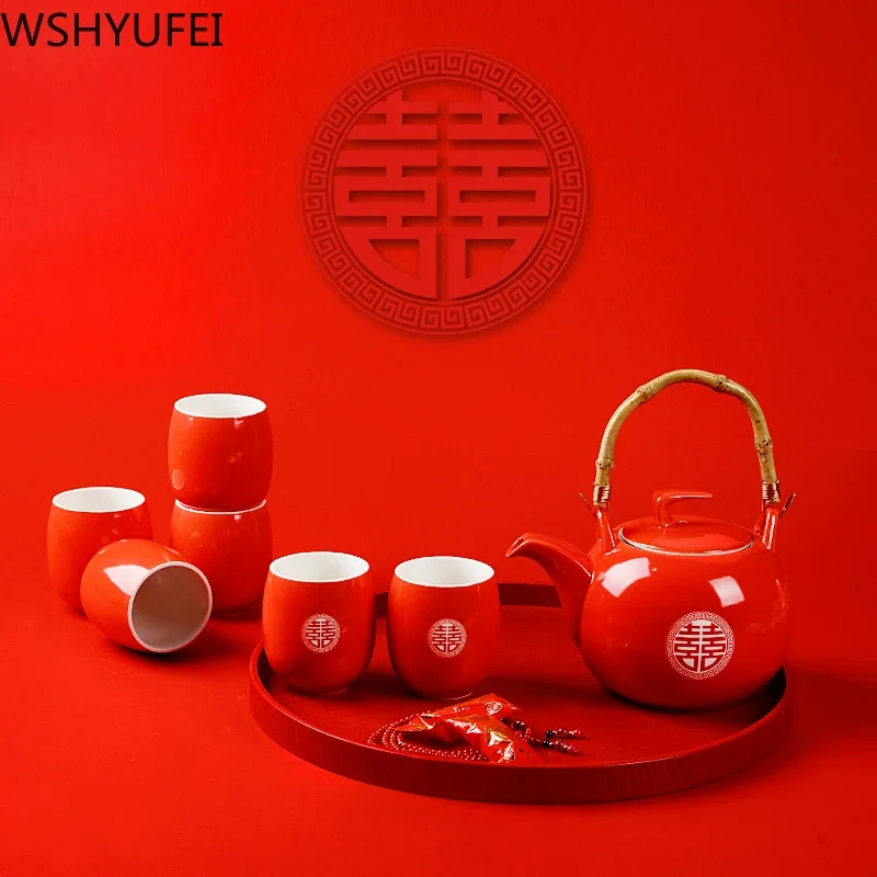 WSHYUFEI Ceramic Red Wedding Teapot Gifts Porcelain Chinese style wedding tea set porcelain teapot set filter Luxury Gift