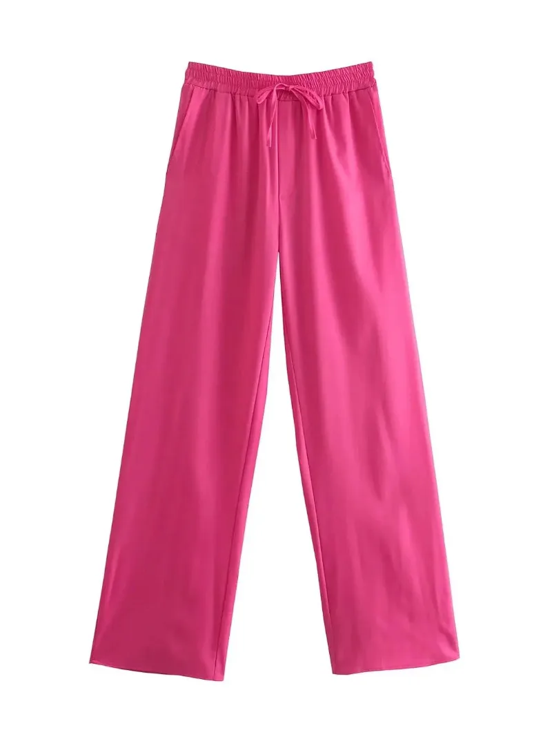 Women Loose Wide Leg Pants Chic Fashion Side Pockets Vintage High Elastic Waist Drawstring Female Trousers Mujer 2023