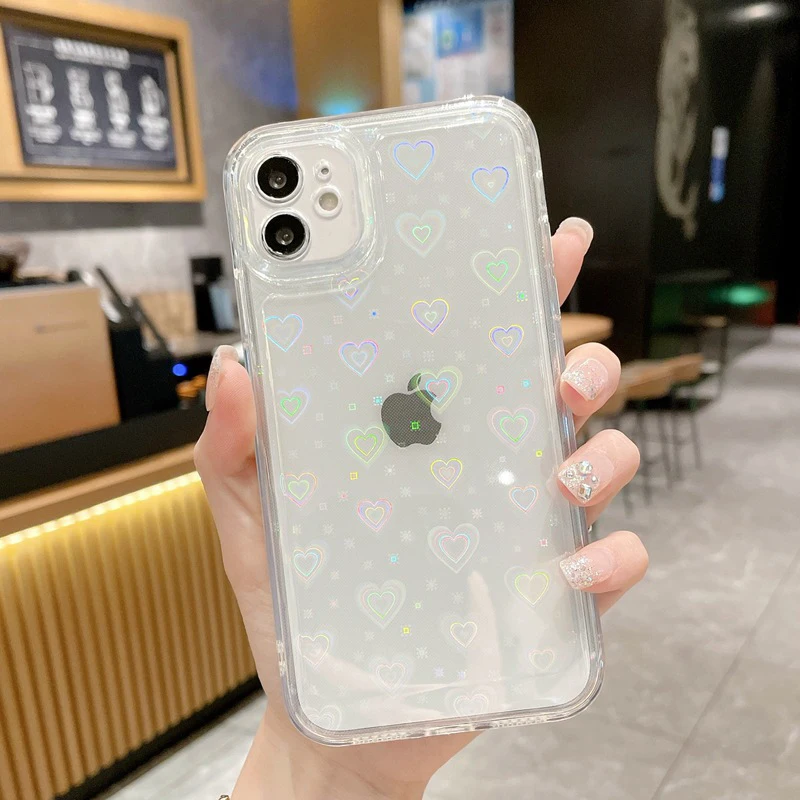 Прозрачный чехол с лазерным сиянием Love Heart для iPhone 13 12 Mini 11 Pro Max X XS XR 7 8 6 6S Plus SE2020