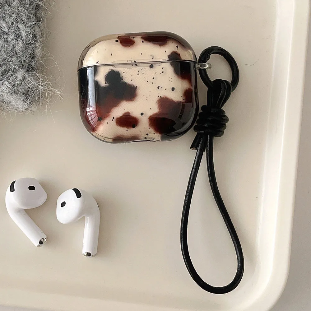 Elegant Black Agate Pattern Earphone Protective Cover with Keyring and Leather Rope