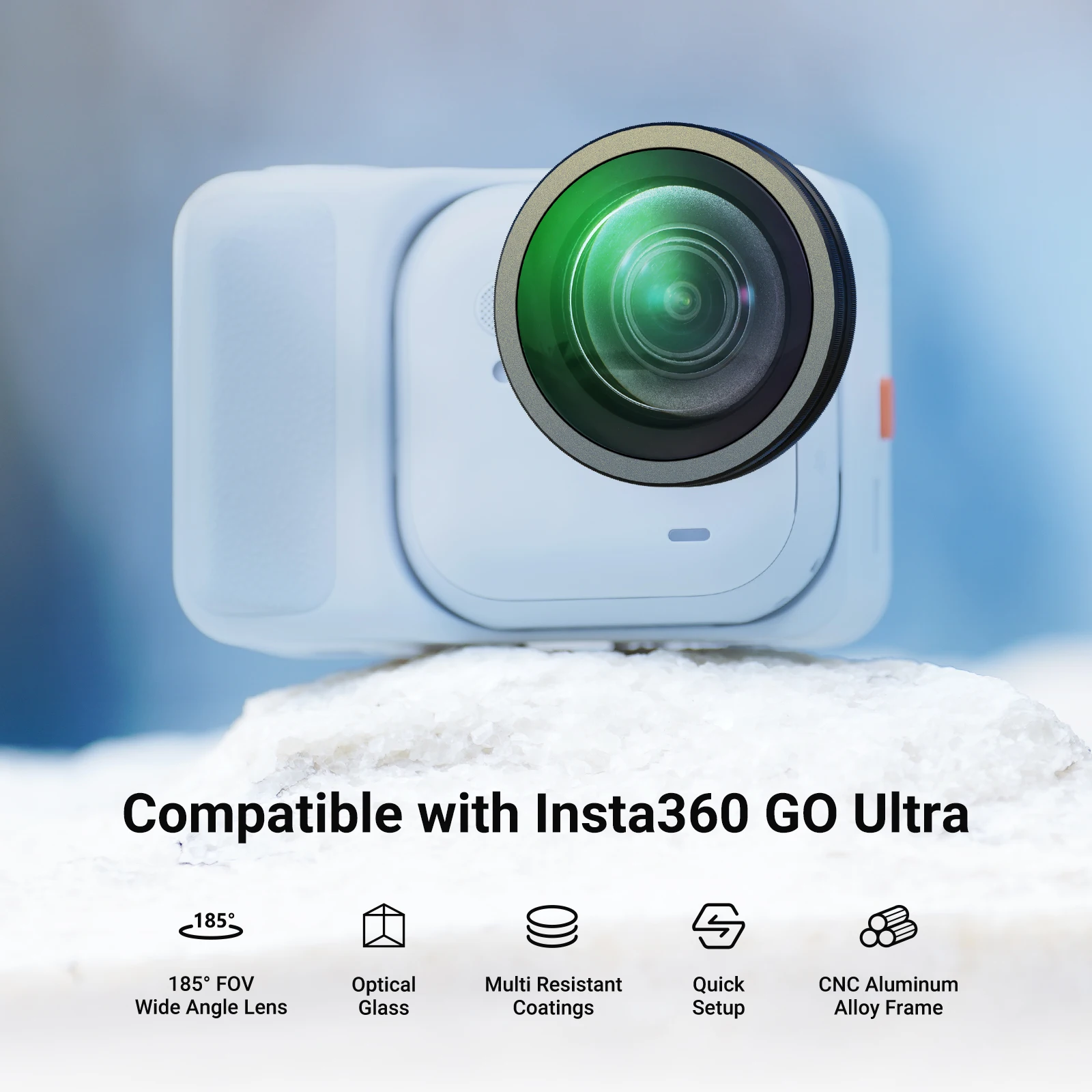 Comparaison entre une photo standard et une photo avec l'Objectif Grand Angle 185° pour Insta360 GO Ultra, mettant en évidence l'élargissement du champ de vision.