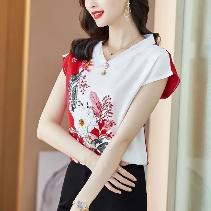 2023 New Summer Fashion Trend Retro Chinese Style Printed Loose Casual Top Polo Neck Bead Design Elegant Versatile Women's Shirt 1pcs 10 5cm retro half round bead embossed metal purse frame coin bag