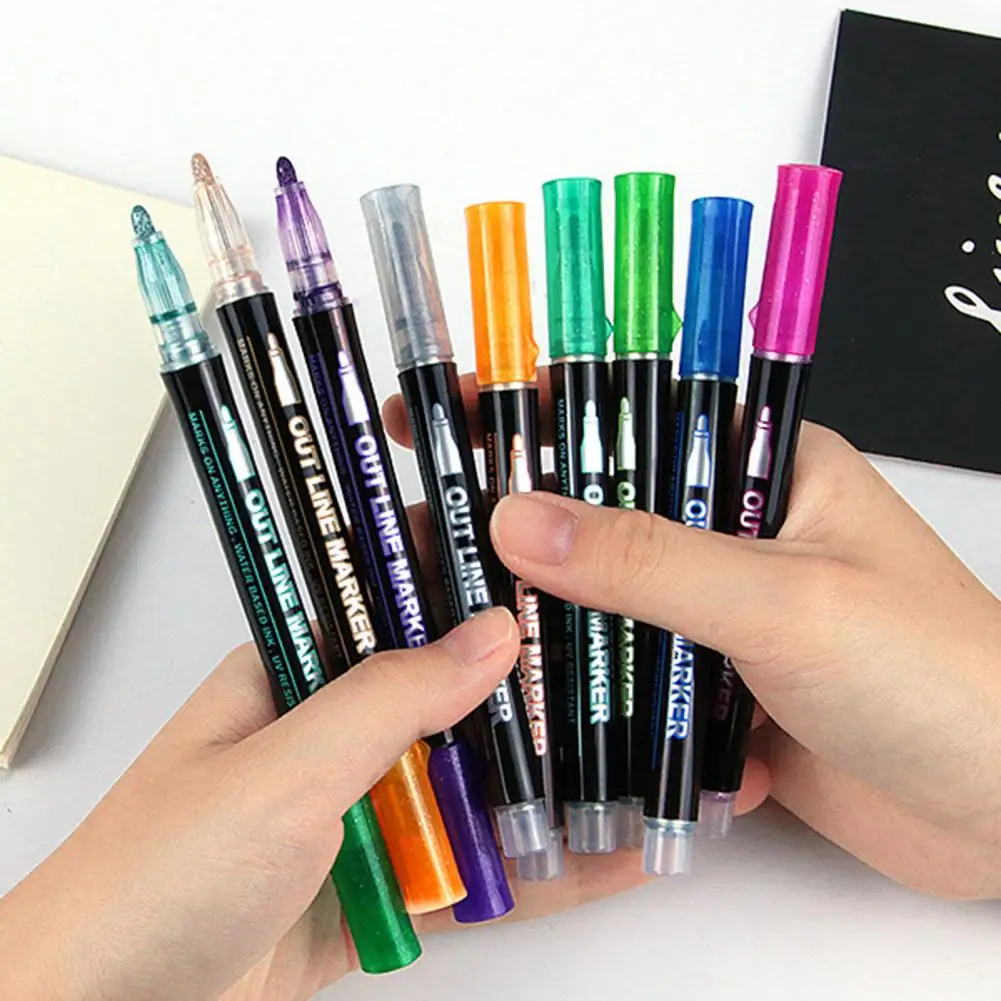 12Pcs Double Line Outline Pens Self-Outline Metallic Markers Glitter  Writing Drawing Pens DIY Art Greeting Card Outline Pens - AliExpress