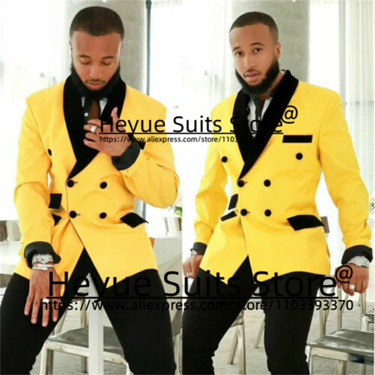 Formal Prom Party Yellow Men Suit Slim Fit Black Shawl Lapel Groom Wedding Tuxedos 2 Pcs Sets Business Male Blazer Costume Homme