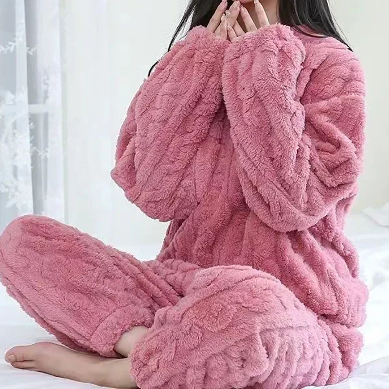 Women 2 Piece Sets Winter Velvet Ribbed Fleece Pullover And Pants Sleepwear Casual Pajama Sets
