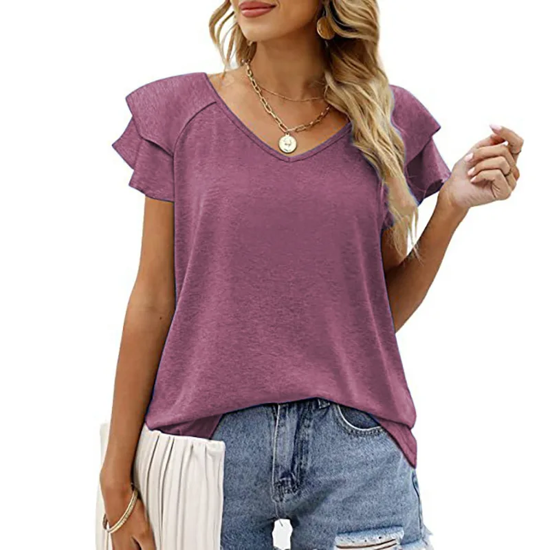 

Summer New Solid V-Neck Double Ruffle Sleeve Loose Top T-shirt Oversized T Shirt