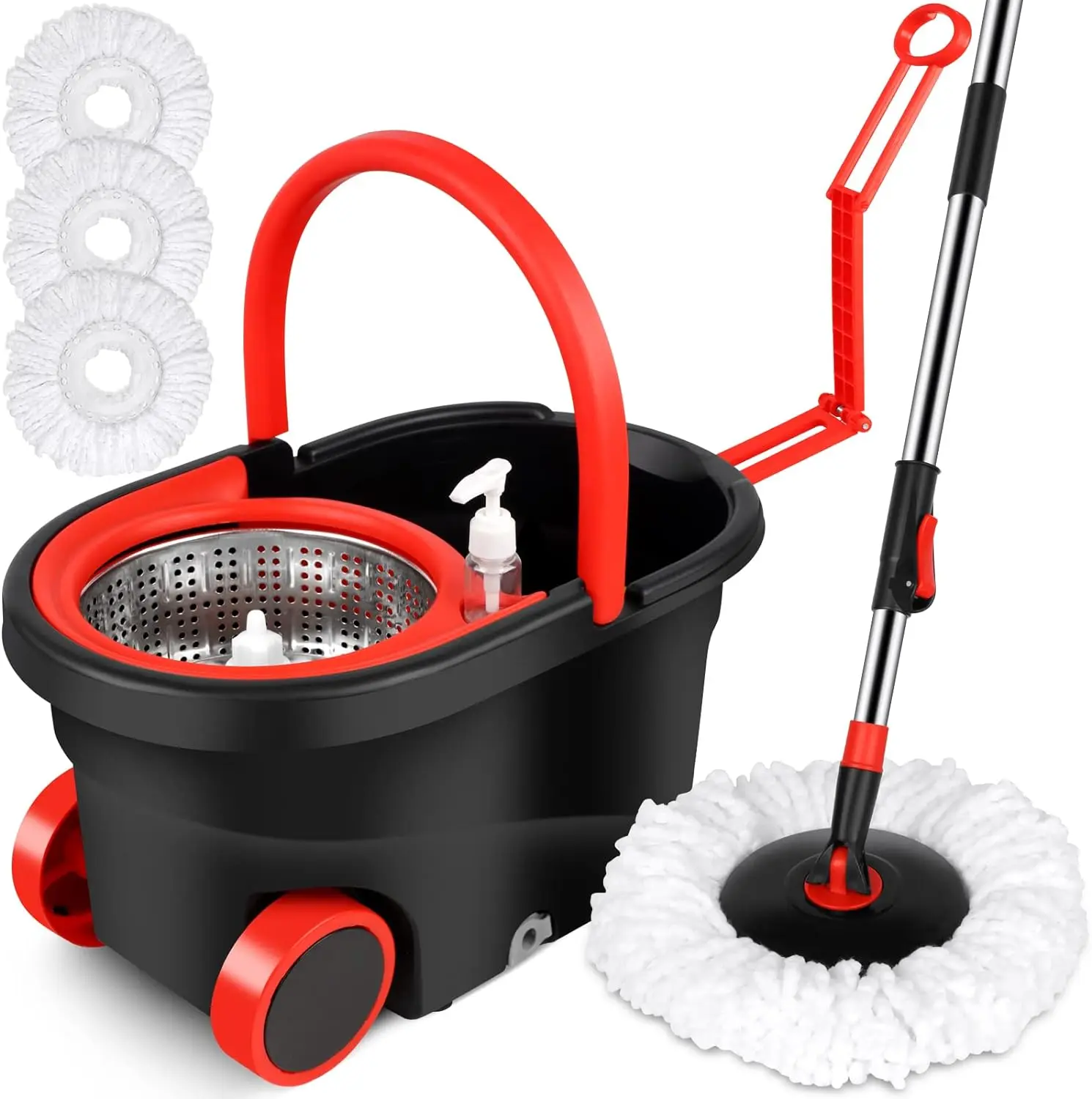

Spin Mop Bucket Sets 360° Spinning Cleaning Tools with 3 Microfiber Replacement Heads 61" Extended Handle with two wheels bar