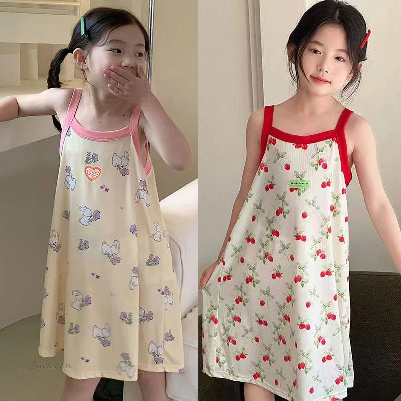 Kids Girls 100% Cotton Nightgown Cartoon Nightdress Girl Sleepwear Nightie Summer Short Sleeves Nightwear Children Clothes 2