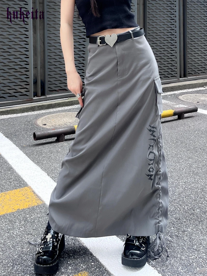 

Goth Gray Grunge Casual Split Women Midi Skirts Vintage Gothic Punk High Waist Drawstring Long Skirt Y2k Sexy Fashion Streetwear