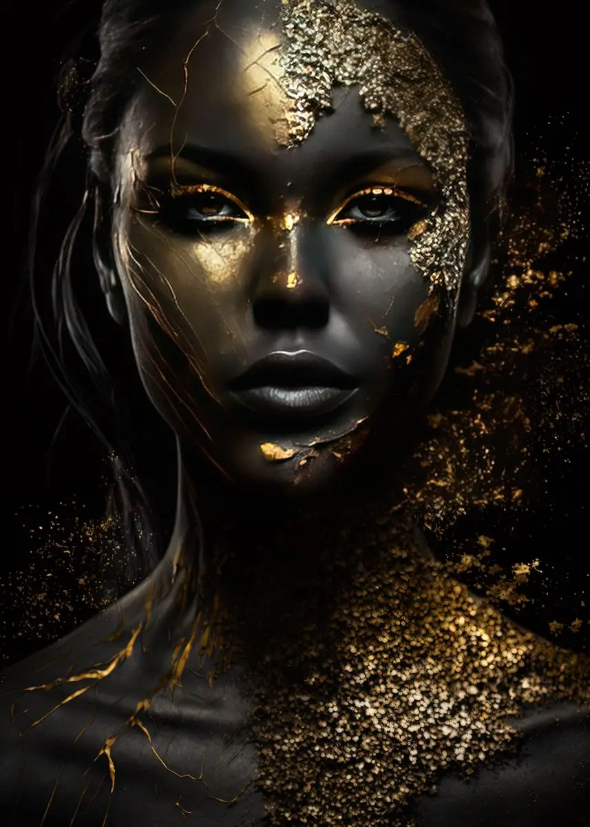 Elegant African Black and Gold Woman Portrait Canvas Art for Modern Living Room Decor