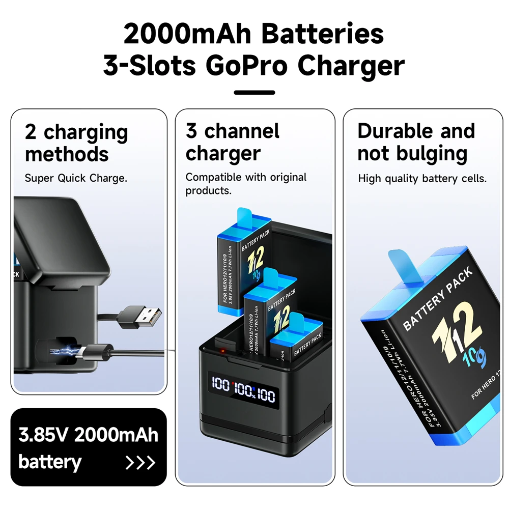 Pack complet chargeur double et 2 batteries compatibles GoPro Hero 12 11 10 9