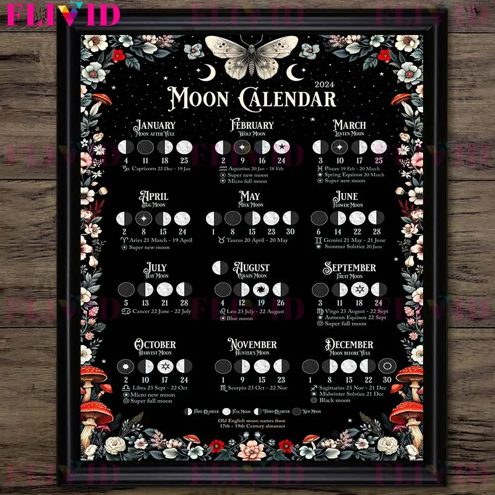 Lunar Calendar 2024 Wall Art Digital Printable - Calendario lunar 2024
