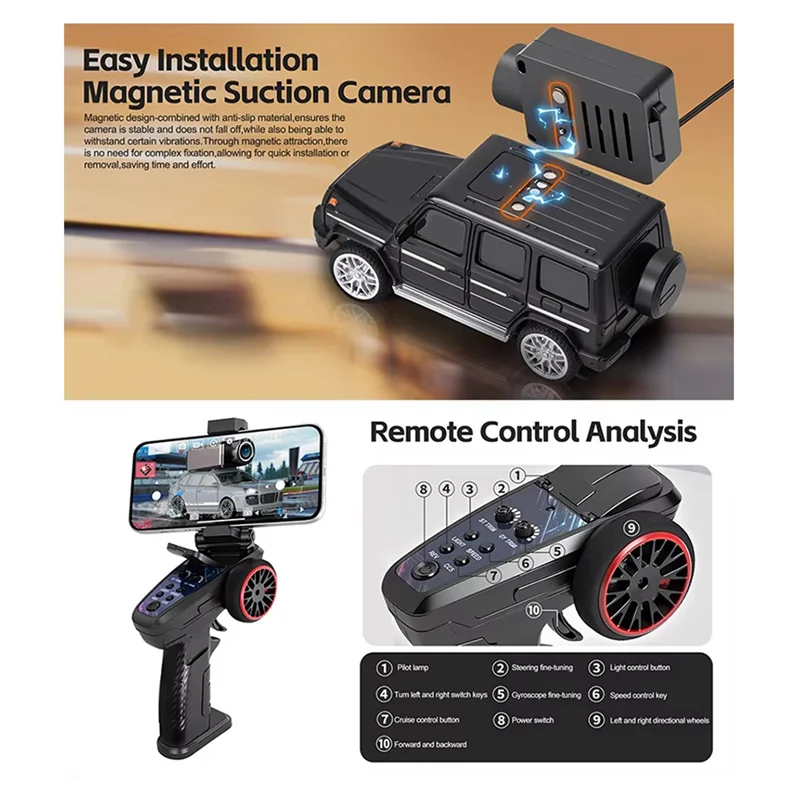SCLL-미니 레이싱카 1:64 스케일 RC카 6406-C FPV VTX 키트 2.4G 720P HD 카메라 앱 제어 사진+ 비디오+ VR 내장 자이로