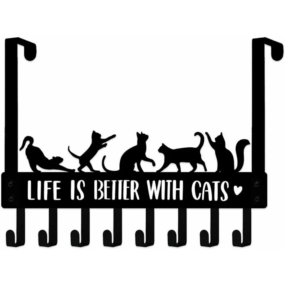 Black Cat Over The Door Hooks Hanger, 8 Hooks Decor Towel Coat Rack Organizer coat rack wall mount towel rack Iron Art 4