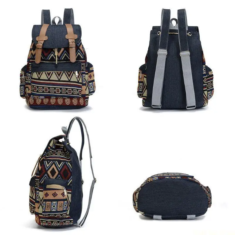 X90D 여성 캔버스 Vintinge 배낭 민족 배낭 보헤미안 배낭 Schoolbag Daypack