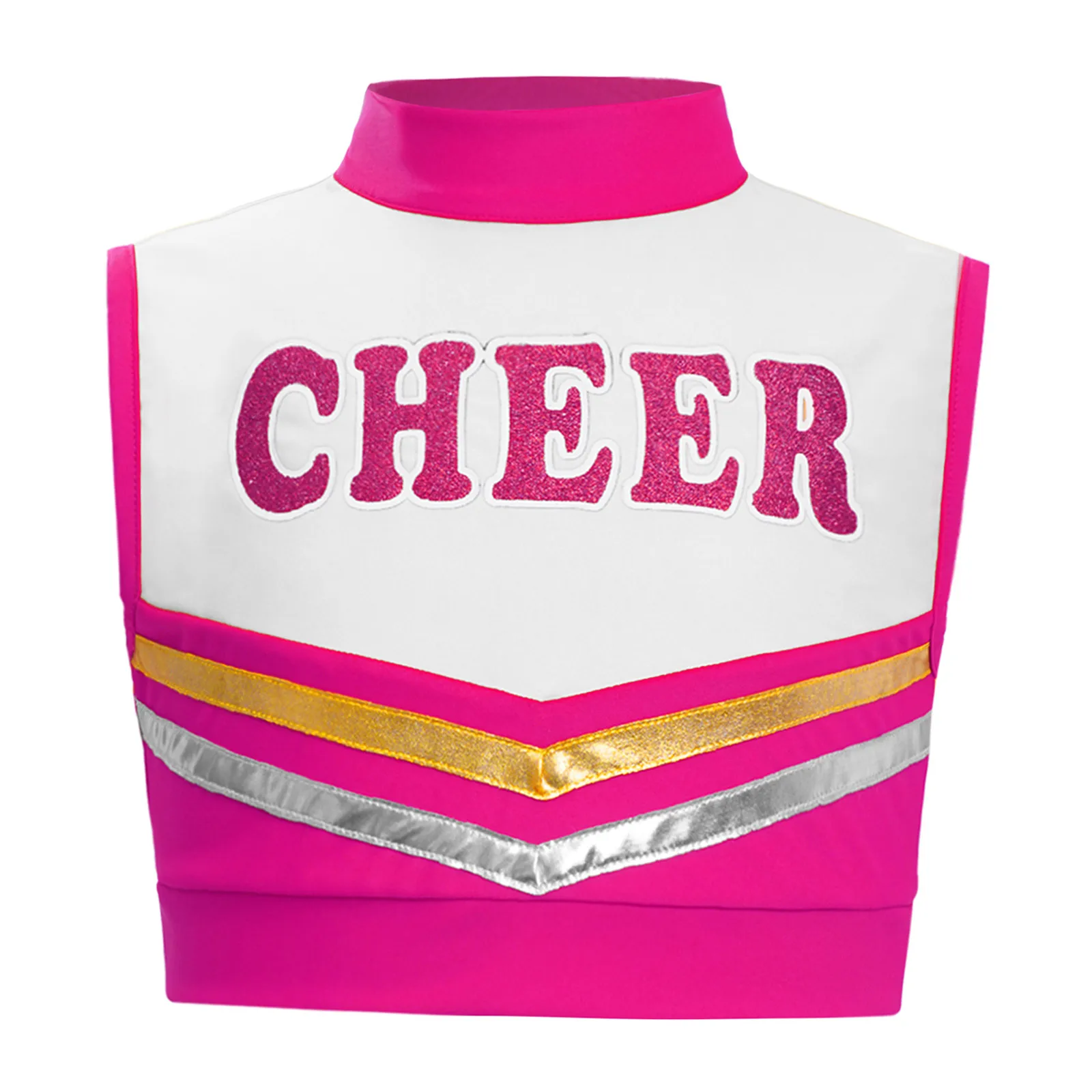 Kinder Mädchen Cheerleader Cheerleading Tanz Performance Kostüm Buchstaben bedrucktes Crop Top mit metallisch gestreiften Rock und Shorts – Detail 16