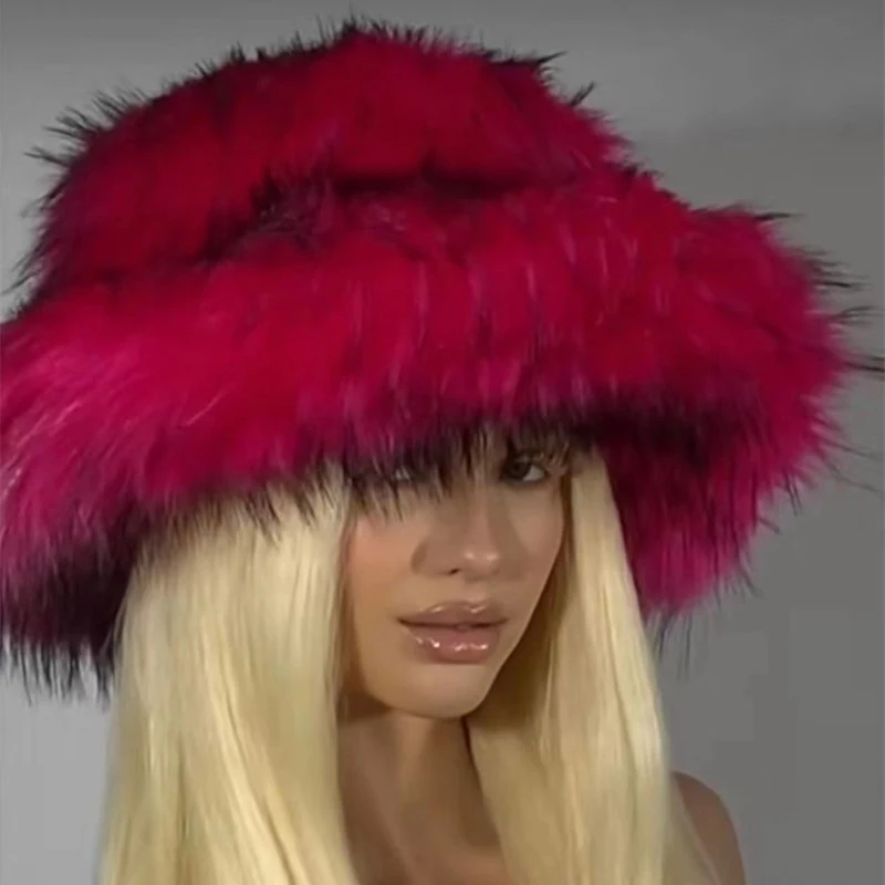 Harajuku Girls Sweet Cute Pink Wide Brim Floppy Furry Shag Hat Women Winter Y2k Fashion Fuzzy Festival Faux Fox Fur Bucket Hats