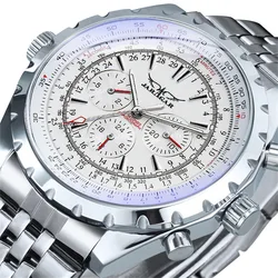 Luxury JARAGAR Men's Automatic Stainless Steel Watch - Waterproof, Luminous, Calendar Feature (Steel White)