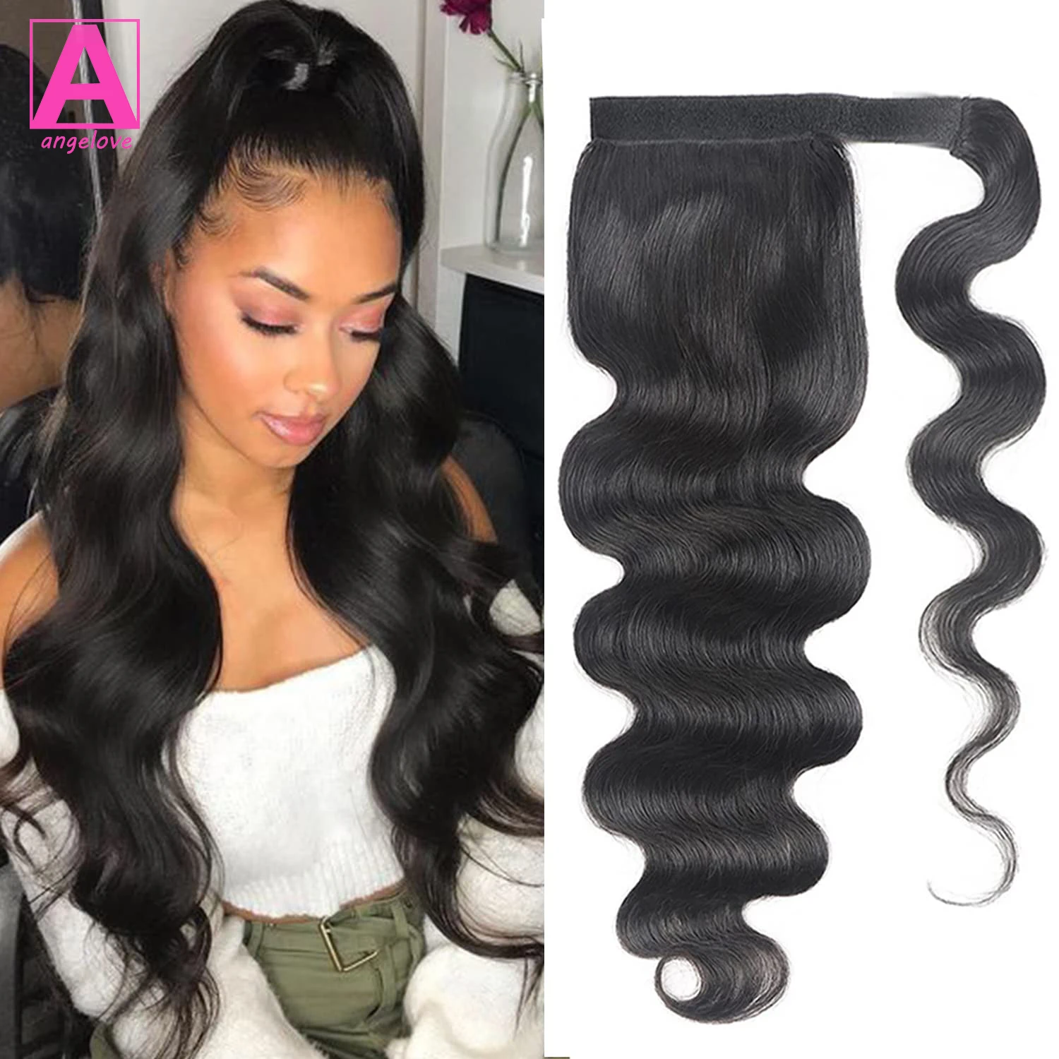 

Natural Black Body Wave Real Human Hair Ponytail Extension Wrap Around Long Clip in Wavy Pony Tail Hair Extensions for Women