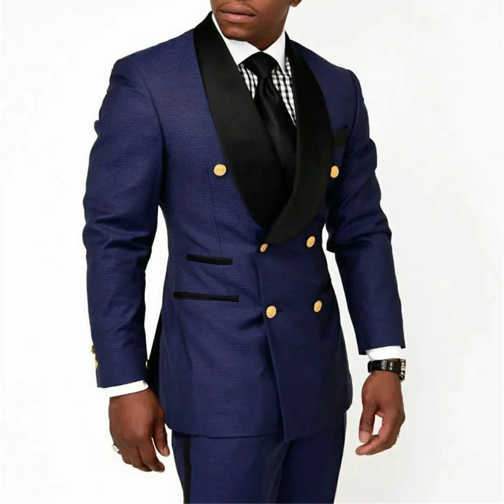 

Navy Blue Men's Suits Slim Fit Groomsman Gold Button Double Breasted Party Tuxedo Groom Suits For Men Wedding Morning Blazer