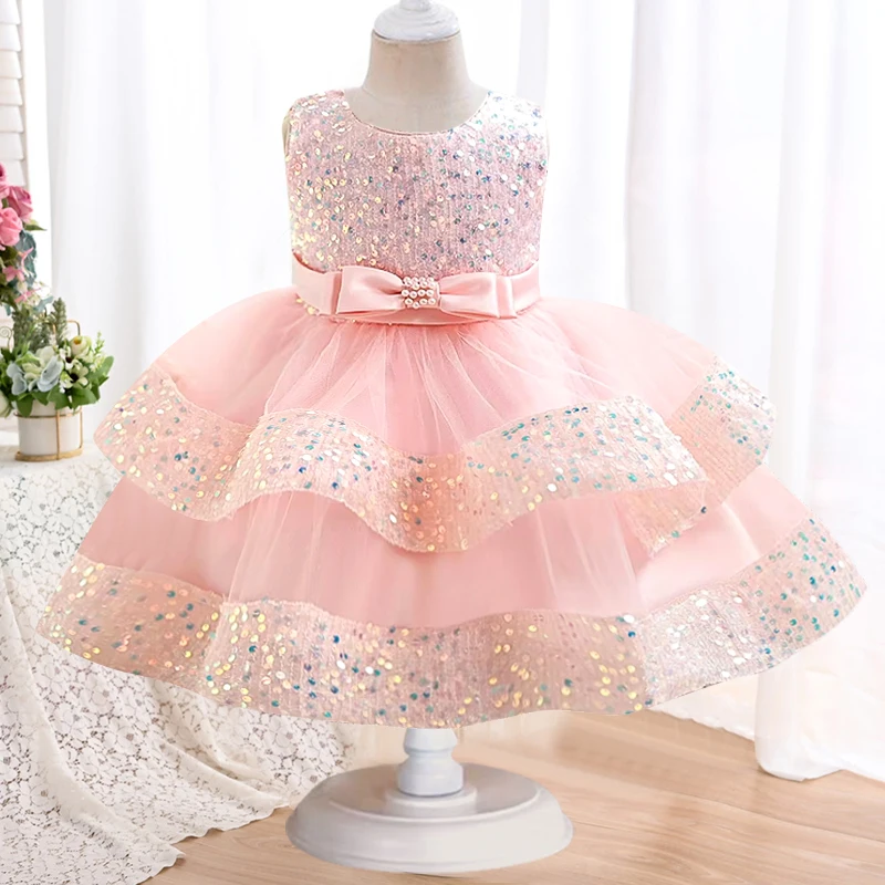 

New 0-5 Year Old Baby Children's Birthday Party Princess Dress Sequin Tulle Halloween Flower Dress Girl Piano Performance Dress