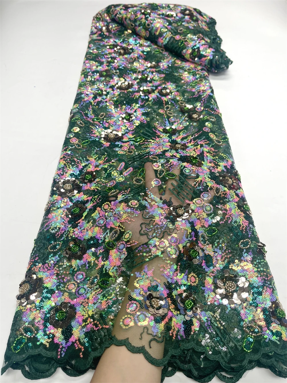 

African Lace Fabric 2023 Mesh Sequins Embroidery Green Party Dresses For Women Tulle Beaded Fabric Sewing 5 Yards Cloth By Meter