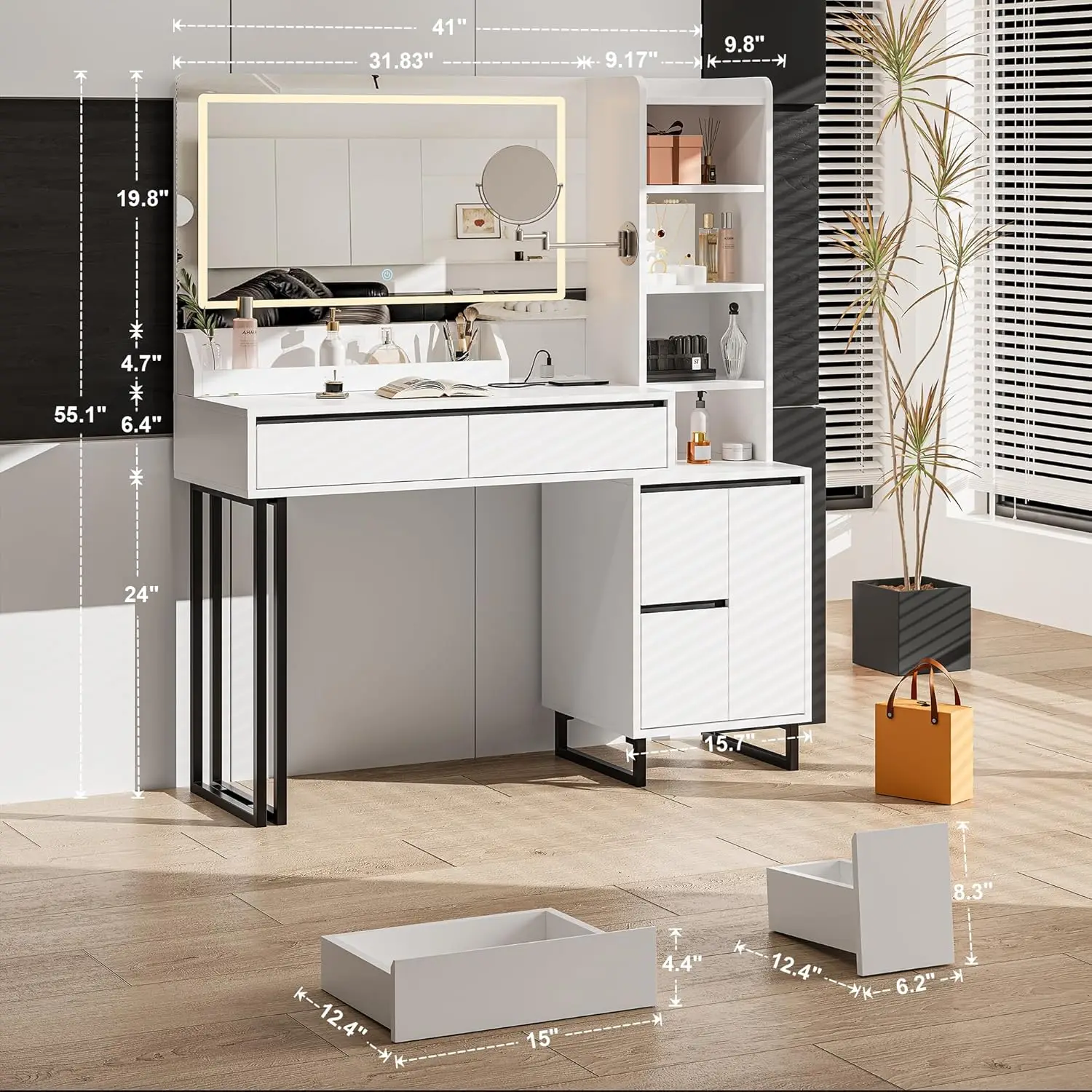 Desk with Mirror Lights, 41 Inch Makeup Vanity Table 10x Magnifying Mirror Charging Station Drawers Shelves Cabinet Adjustable