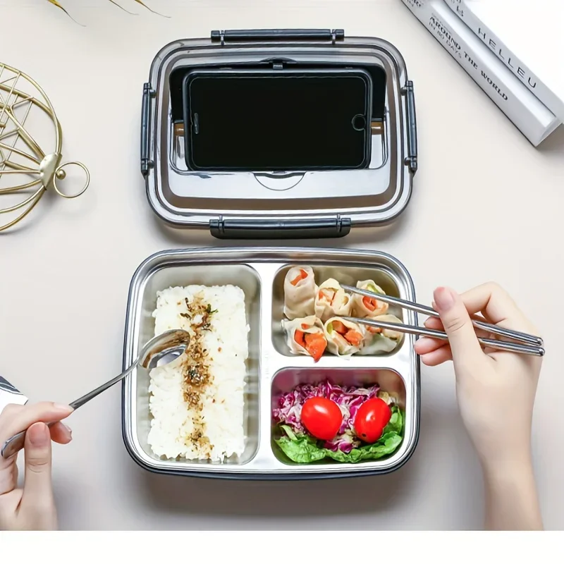 Easy-Clean Bento Container For Students & Office Workers,Leak-Proof Stainless Steel Lunch Box With 3/4 Compartments - Durable - 3