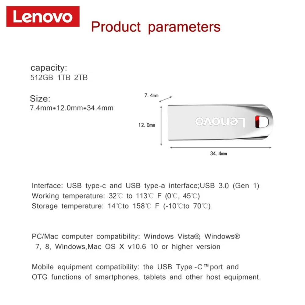 Lenovo-unidad Flash USB 3,0 de Metal, lápiz de transferencia de archivos de alta velocidad, 2TB, 1TB, 512GB, disco U portátil, resistente al agua, para PC y portátil