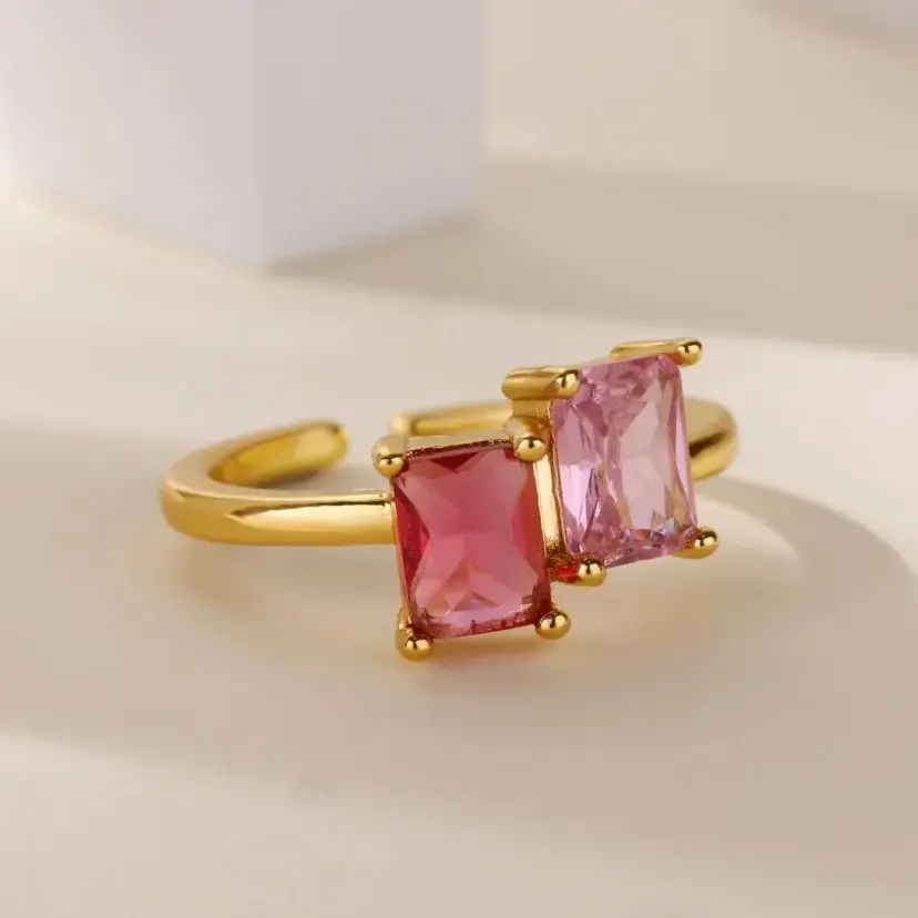 Stainless Steel Zircon Square Ring for Women 18K Gold Plated 2 Colors Adjustable