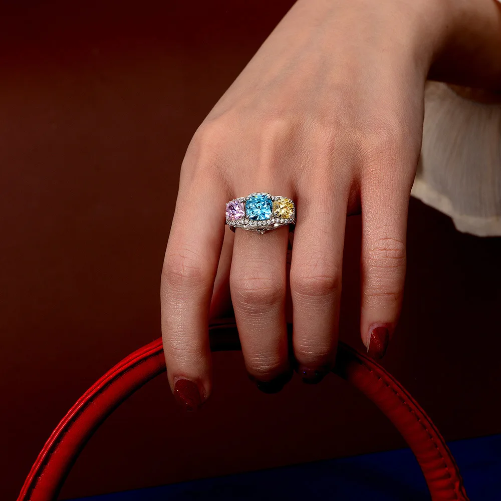 IsRabbit 18K Gold Plated Real 925 Sterling Silver Sparkling Tricolor Created Moissanite Diamond Ring for Women Gift Fine Jewelry