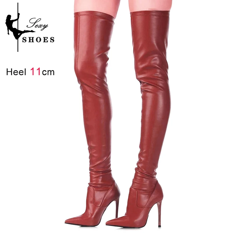 Wine red Sexy High Heels Stretch Leather Over-the-Knee Women's Boots Pointed Toe Thigh High Long Boots Slip-On Feminina Shoes