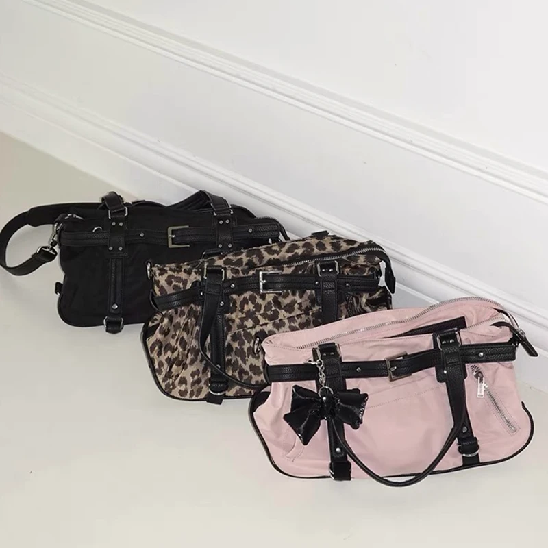 Y2K Harajuku Leopard Print Shoulder Bag for Sexy Girls Nylon Cute Handbag for Ladies Retro Handbag Fashionable Shoulder Bag 4