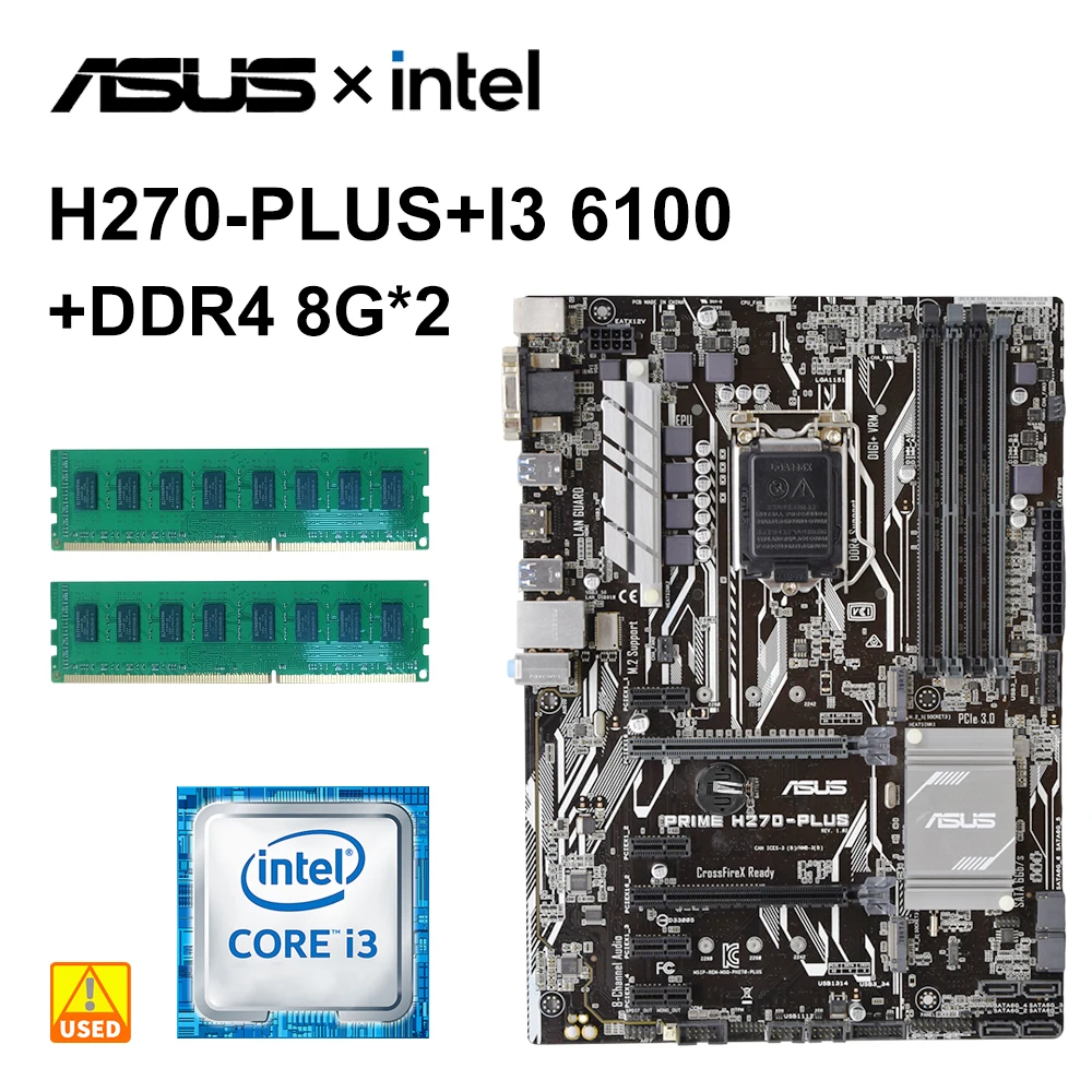 1151 Kit Scheda Madre Asus Prime H270-Plus Con Cpu I3-6100 + 2 X Ddr4 8G Intel Pci-E 3.0 2 X M.2 Hdmi Sata Iii Usb 3.0 Atx