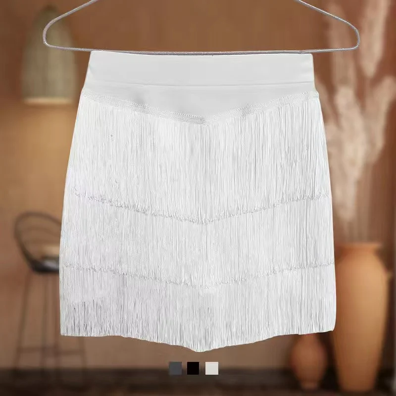 Women's Latin Dance Outfit ort Skirt Top Bot Tassel Trim Cotton round Ne ort Sve Fitn Dancewear Set