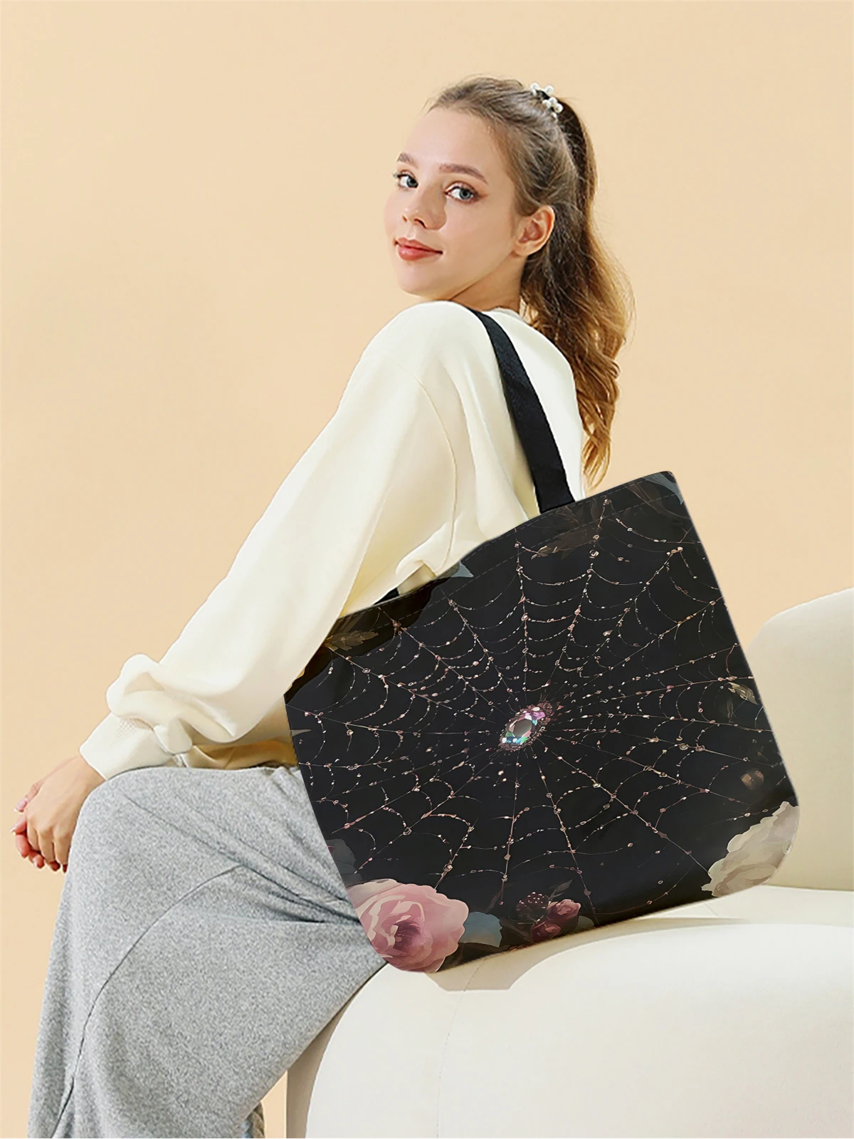1pc,spider web handbag, reusable fashionable handbag, multifunctional handbag, printed canvas shopping bag