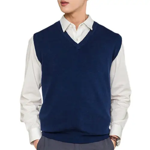 남성용 민소매 루즈한 따뜻한 스웨터 조끼, 단색 V넥 풀오버, 니트 조끼, 남성 조끼 2