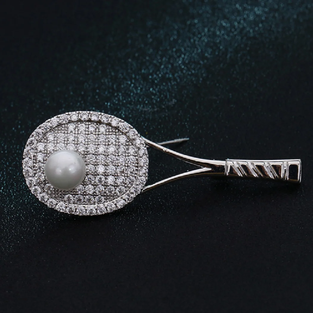 

Trendy Cubic Zircon Tennis racket Brooches Bouquet Fine Imitation Pearl Jewelry fashion women rhodium silver copper hijab pins