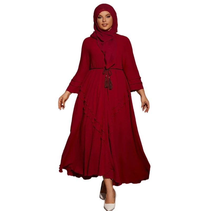 

Длинный хиджаб и винно-красная открытая Abaya Женская молитвенная одежда Рамадан, кафтан, искусственный ислам, халат Jilbab